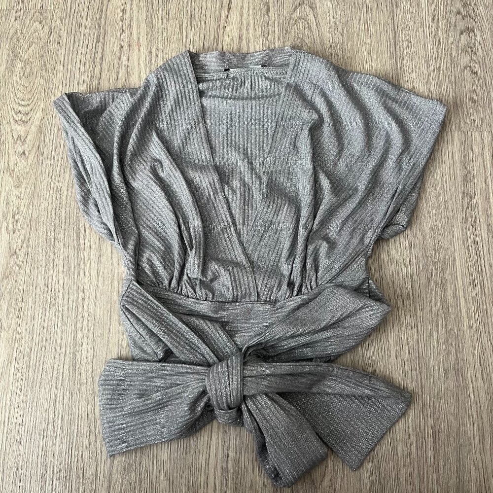 Zara Women's Silver Gray Shimmery Crossover Tie Top